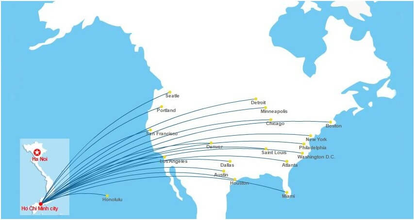 bản đồ đường bay từ Việt Nam sang Mỹ